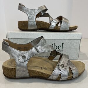 Josef Seibel NEW Comfort Strappy Cork Sandals EU 42 11 Silver Leather Walking‎